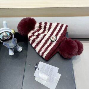 Moncler Red and white pom pom beanie